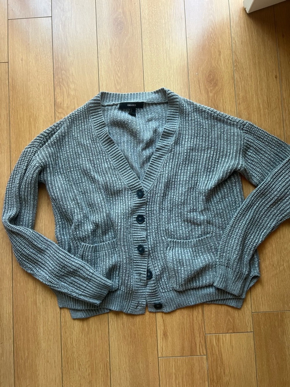 Grey Ribbed V-Neck Button Cardigan Sweater - Women